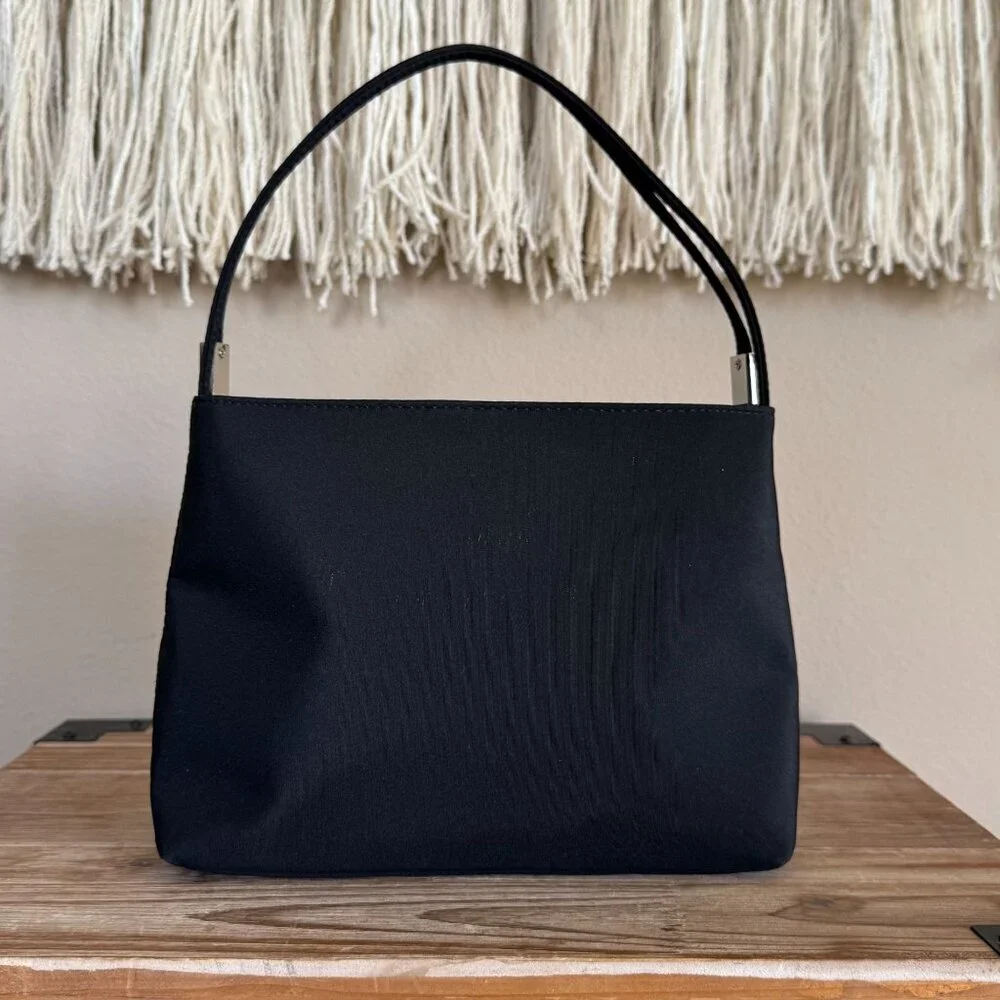 Vintage Nine West Black Fabric Double Top Handle Silver Logo Hardware Small Bag - Picture 4 of 17